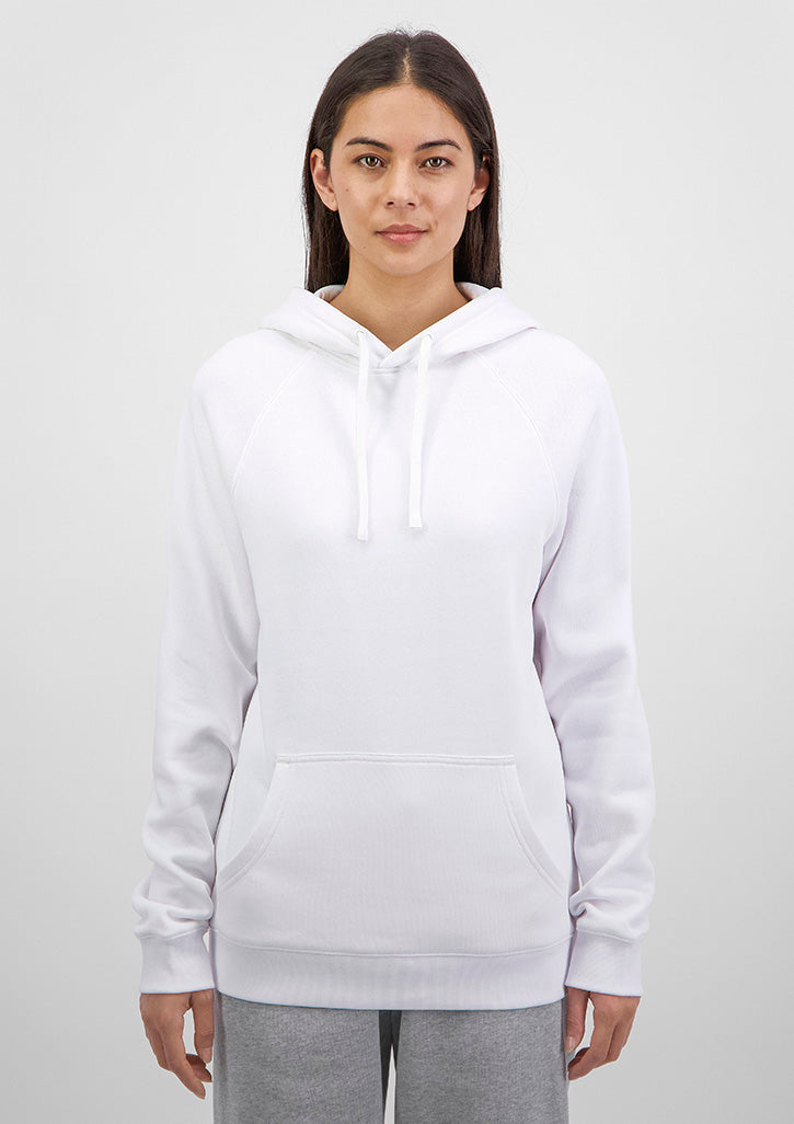 Person wearing a white hoodie and gray pants on a plain background
