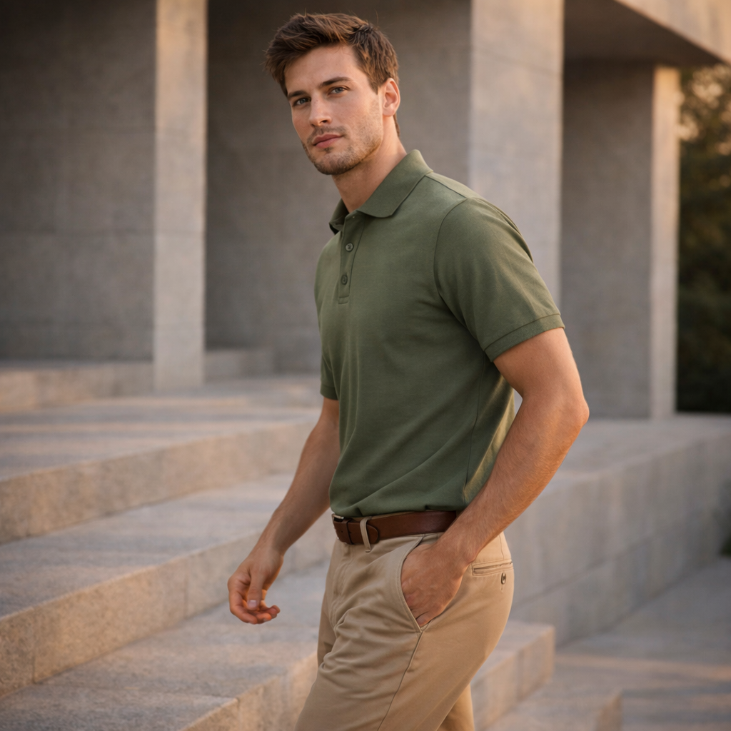 Man wearing a green polo shirt and beige pants standing on stone steps.