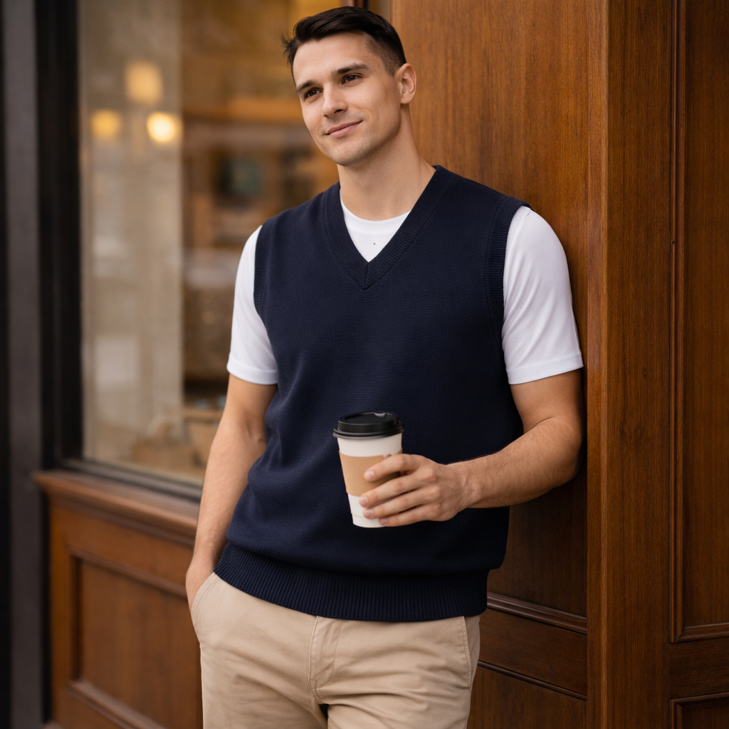Navy blue v neck knit sweater vest over white t shirt perfect for uniforms and workwear in adult knitted vest style