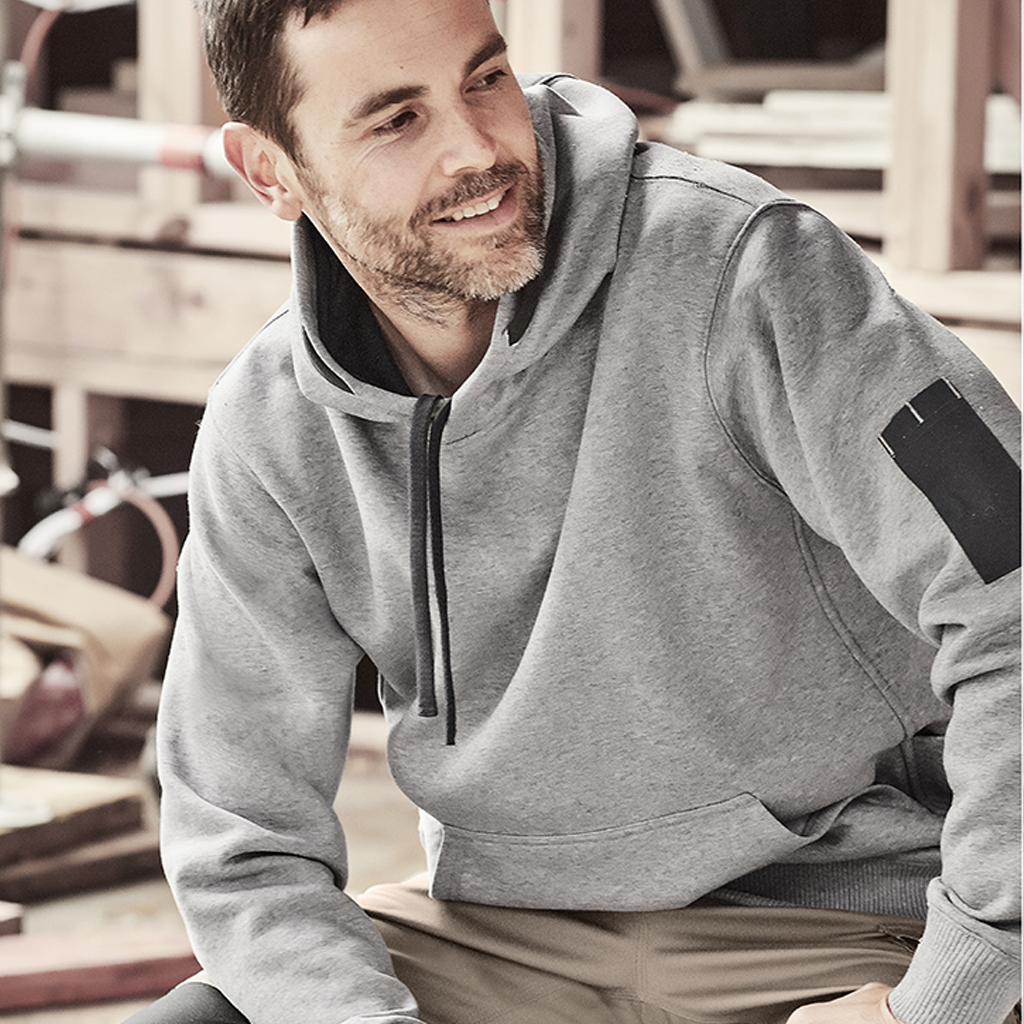Gray syzmik multi-pocket hoodie with black zipper trim and sleeve patch perfect for workwear and uniforms
