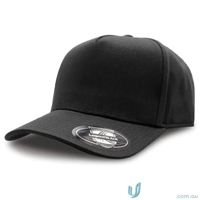 Black A-Frame Cap with curved text design and areas centered layout for style