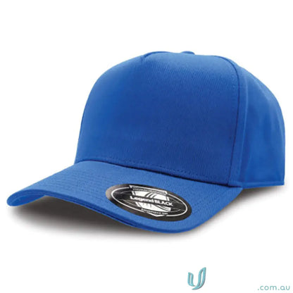 Blue fitted A-Frame Cap with curved text design and areas centered layout