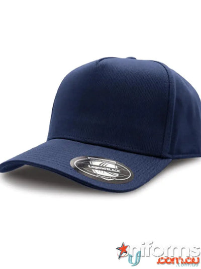 Navy blue A-Frame Cap with curved text design and areas centered layout