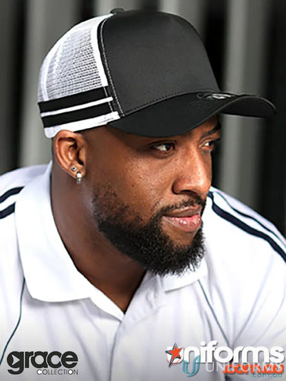 Black and white trucker hat from A-Frame Striped Trucker Cap, great for workwear