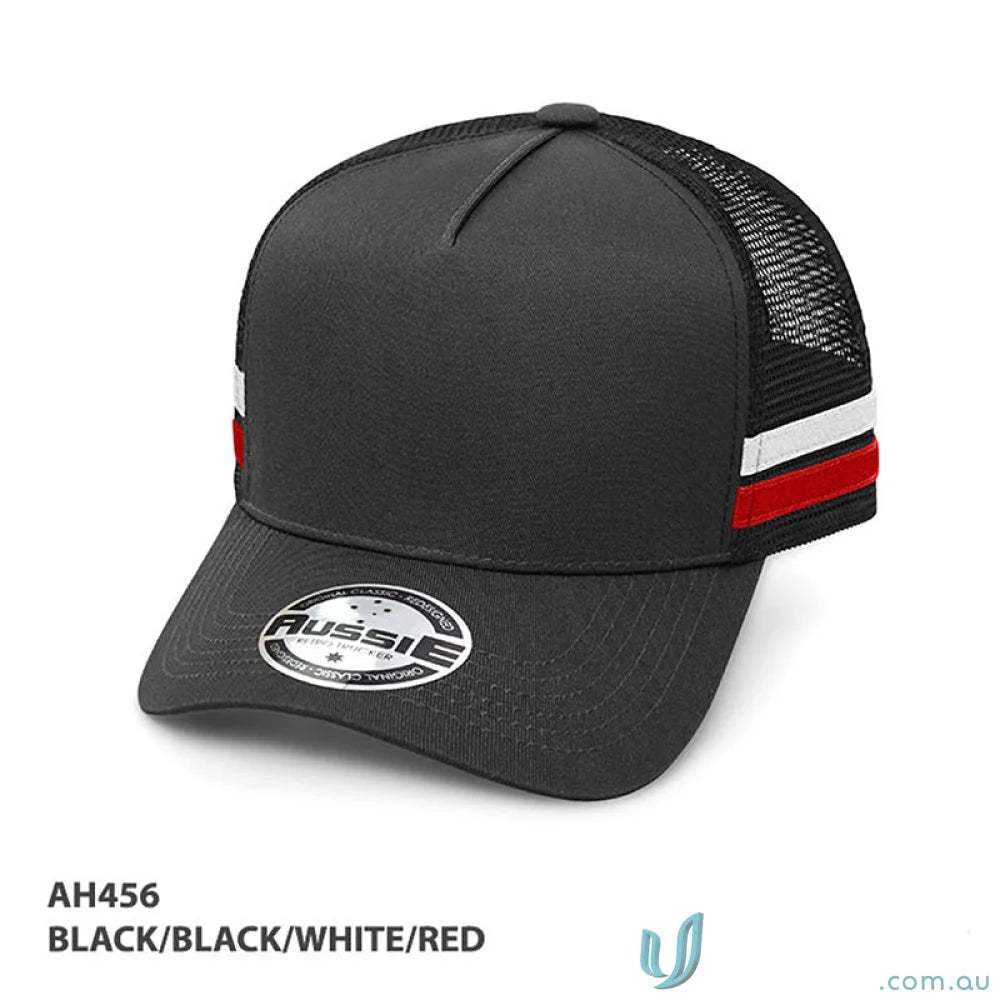 Black trucker cap with stripes ideal for work uniforms and casual workwear