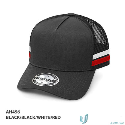 Black trucker cap with stripes ideal for work uniforms and casual workwear