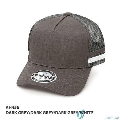 Dark grey A-Frame Striped Trucker Cap, great for work uniforms and casual wear