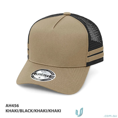 Khaki and black trucker cap perfect for work uniforms or casual workwear
