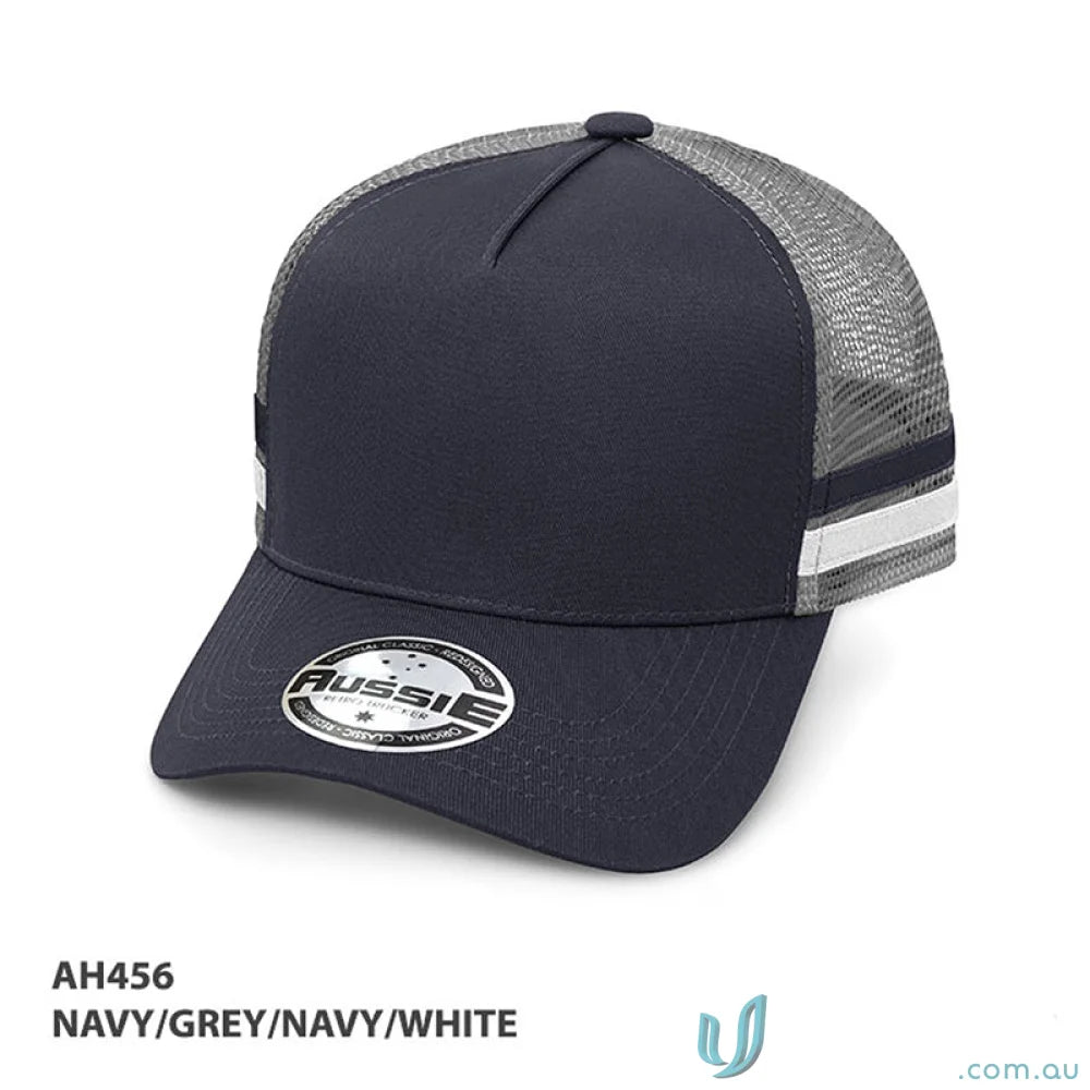 Navy and gray trucker hat perfect for work uniforms and casual workwear style