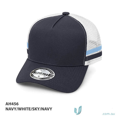 Navy and white striped trucker hat perfect for workwear and casual uniforms