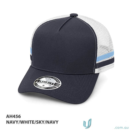 Navy and white striped trucker hat perfect for workwear and casual uniforms