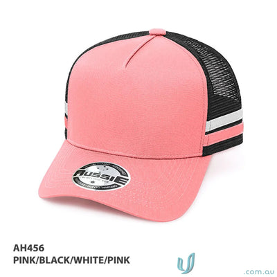Pink and black trucker hat from A-Frame Striped Trucker Cap, perfect for workwear or uniforms