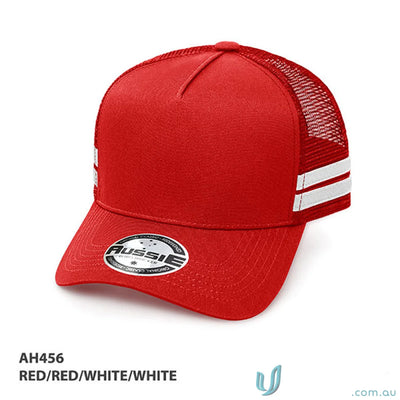 Red trucker hat with white stripes, perfect for casual workwear or uniforms