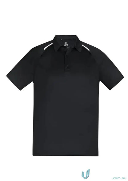 Black cyber polo shirt with white shoulder stripes from Biz Cool Academy Polo collection