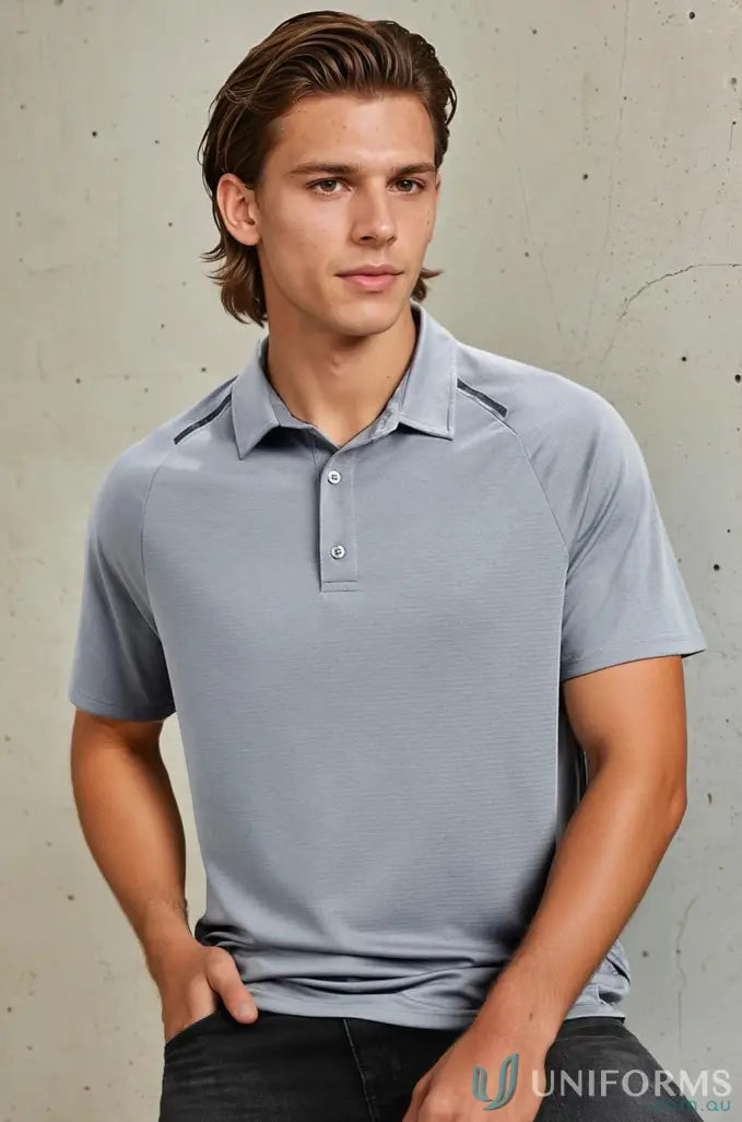 Cyber polo men’s Academy Polo in light gray with dark gray shoulder accents, biz cool™ style