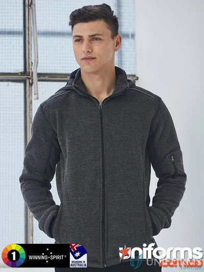 Gray hooded zip-up jacket from JK41 Acland Jacket collection with coral fleece accents