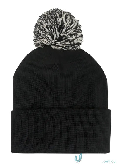 Black knit acrylic beanie with fluffy pom pom for cozy style