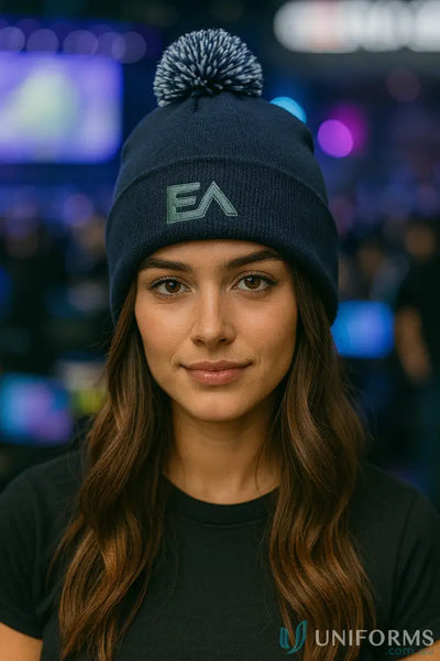 Acrylic beanie with pom pom and EA logo, cozy pom acrylic beanie for winter