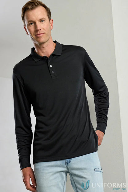 Man in black Action LS Polo from Biz Collection P206ML, perfect for action long sleeve style
