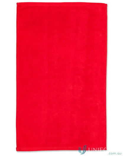 Rectangular red fabric Active Towel with dobby border and velour finish for comfort