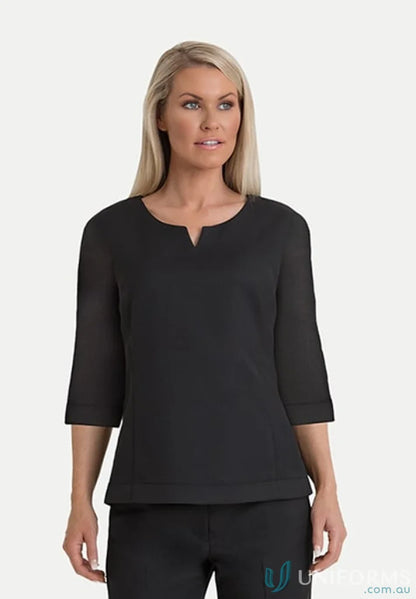 Woman wearing Adelaide 3Qtr Shell Top in black, stylish 3Qtr shell top for women