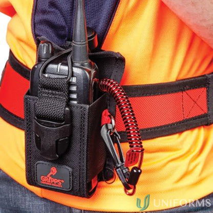 Black two-way radio in a holster for work belts, perfect for two-way radios