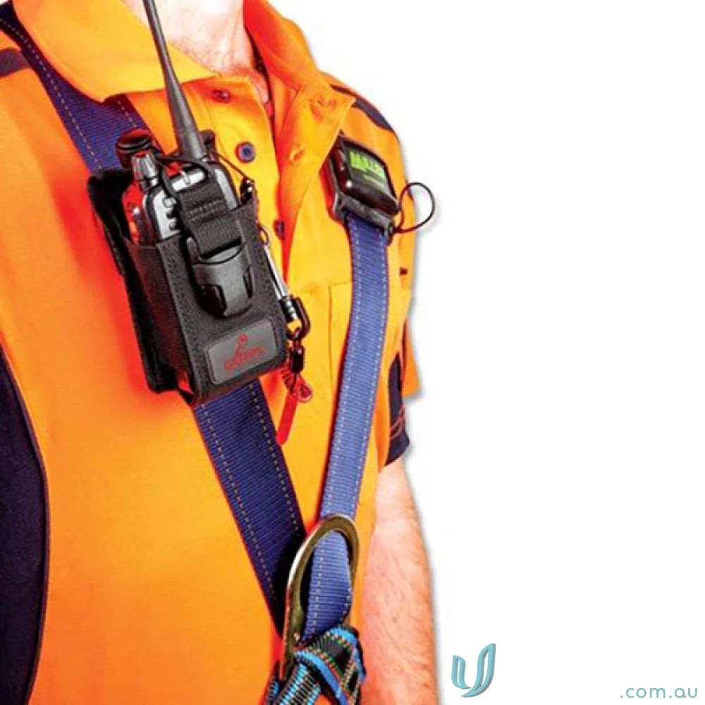 Orange work shirt with radio holster and harness for two-way radios on work belts