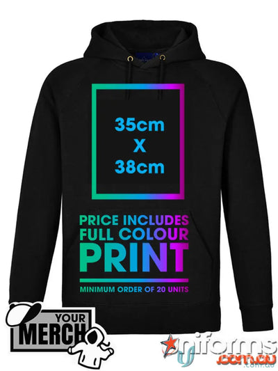 Fleecy hoodie with print area size for custom uniforms workwear and more