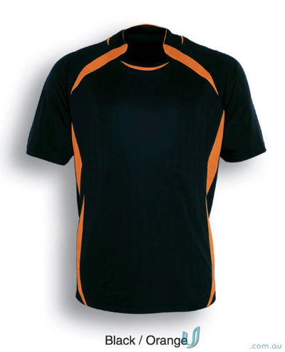 Black and orange short-sleeved sports jersey ideal for Adult Performance Soccer Jersey uniforms