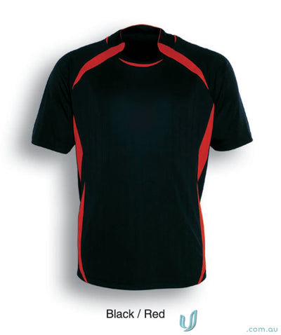 Black and red short-sleeved sports jersey for Adult Performance Soccer Jersey, ideal for uniforms or workwear