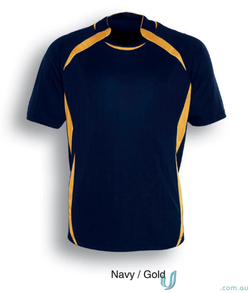 Navy and gold short-sleeved sports jersey for Adult Performance Soccer Jersey or uniforms