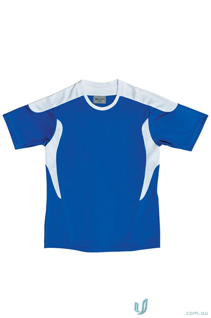 Blue athletic tee shirt with white side panels, perfect for soccer uniforms and workwear