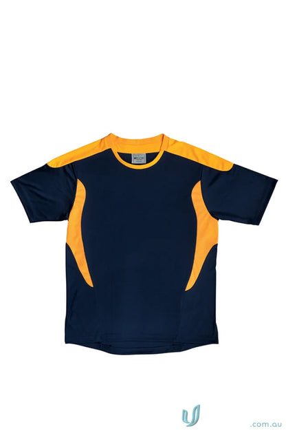 Navy blue athletic tee shirt with orange shoulders, perfect for soccer uniforms or workwear