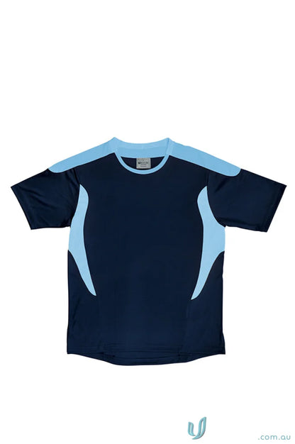 Navy blue Adult Soccer Jersey tee shirt with light blue accents, great for uniforms or workwear