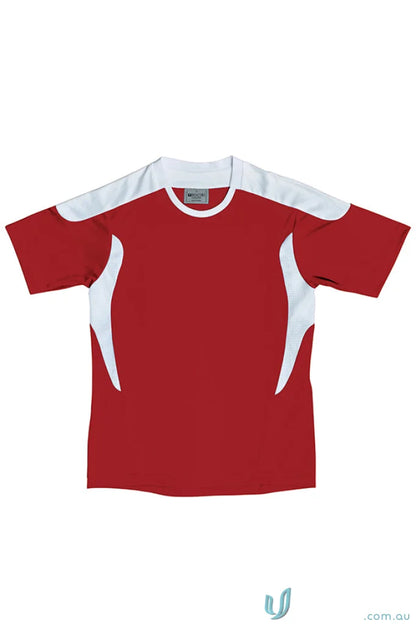 Red short-sleeve tee shirt with white side panels, perfect for soccer uniforms or workwear