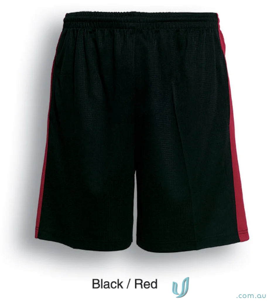 Black athletic soccer panel shorts with red side panels for adults
