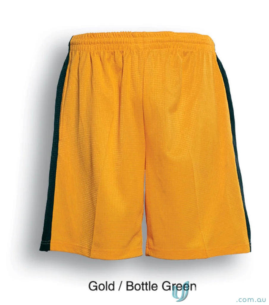 Gold and bottle green soccer panel shorts with elastic waistband for adult soccer games