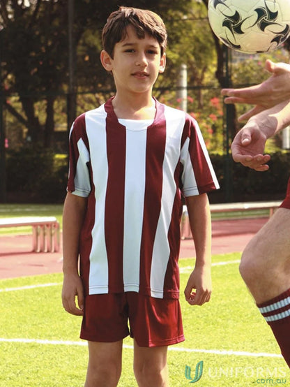 Boy wearing a maroon and white striped football jersey for adult striped soccer jersey