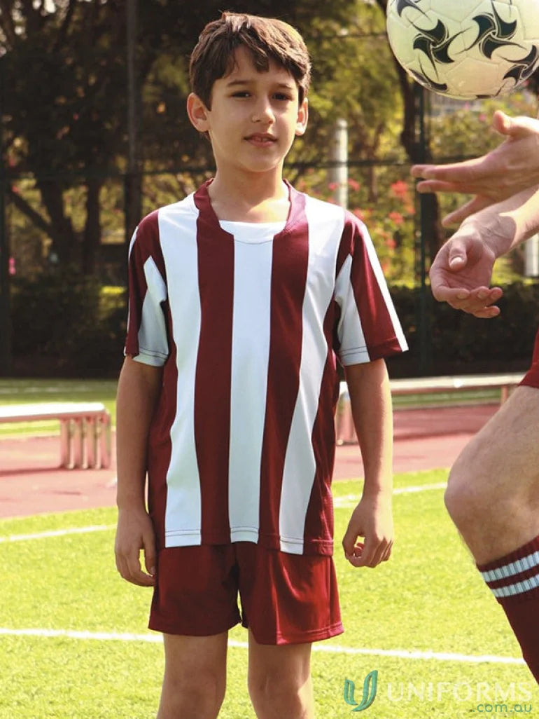 Boy wearing a maroon and white striped football jersey for adult striped soccer jersey