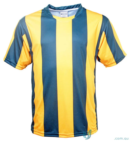 Adult striped football jersey in yellow and dark blue, perfect for soccer fans