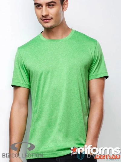 Green short-sleeved Aero Tee made with t800ms fabric resists shrinking for comfy wear