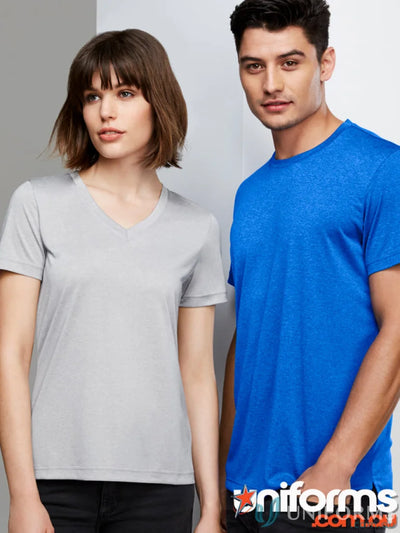 Two people wearing Aero Tee athletic shirts made with t800ms fabric that resists shrinking