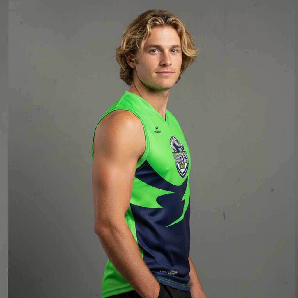 Custom AFL guernsey AFL103: bright green navy wolf jersey builds club pride