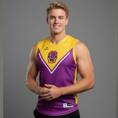 Vibrant custom AFL guernsey AFL106 in yellow purple V-design builds club pride