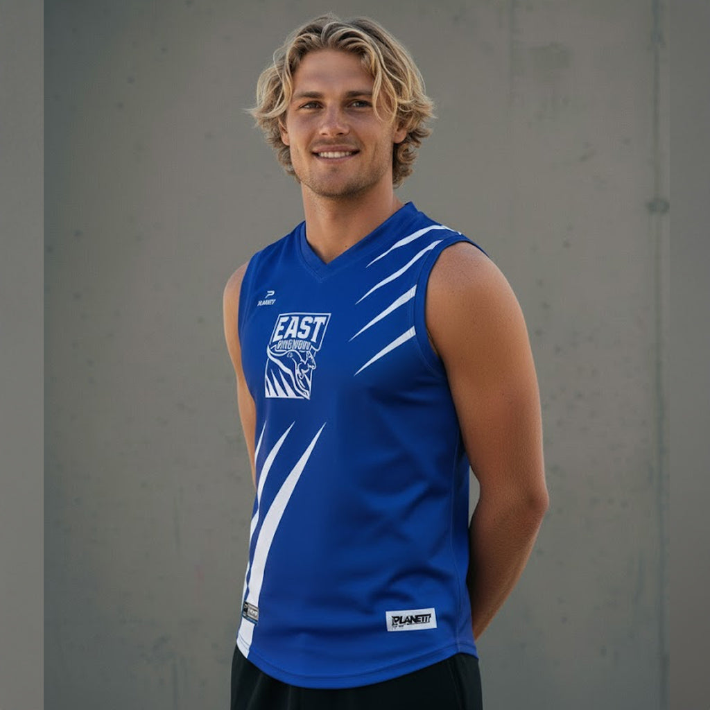 Blue sleeveless AFL106S custom AFL shorts jersey with white stripes