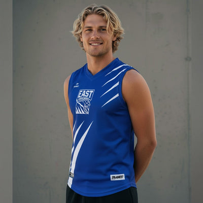 Blue sleeveless AFL106S custom AFL shorts jersey with white stripes