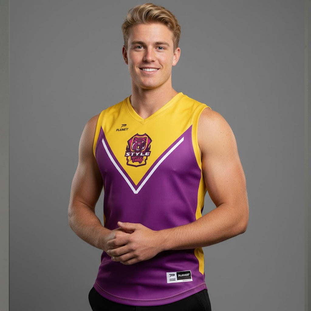 Vibrant AFL106S custom AFL shorts jersey in yellow purple V-design