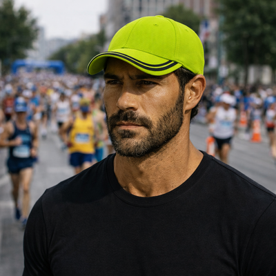 AH030 HBC Cap: bright neon green heavy brushed cotton hat with black trim