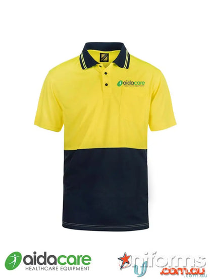 Two-tone Vis Yellow Polo Shirt from Aidacare for work environments and uniforms