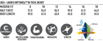 Aidacare Ladies Softshell Jacket showcasing sizing and features for workwear uniforms